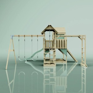 OutdoorToys Spielturm Knut mit Schaukel, Rutsche und Kletterwand in Mintgrün.