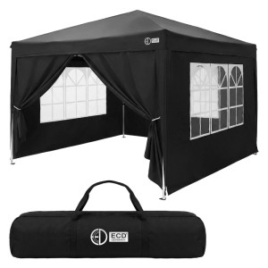 Schwarzer Pop Up Pavillon 3x3 m mit Seitenwänden, Fenstern und Tragetasche. Wasserdichter Faltpavillon für Garten & Events.