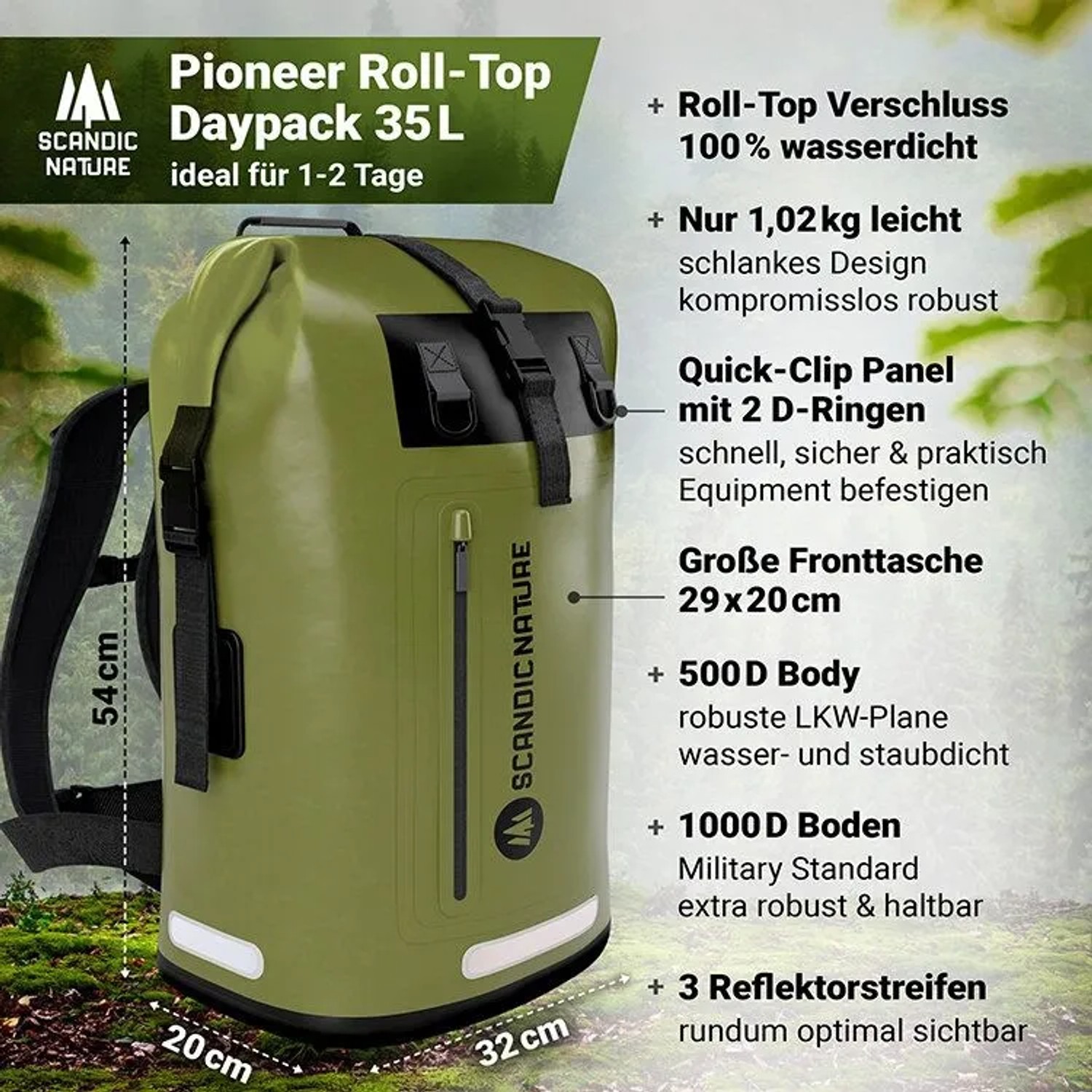 SCANDIC NATURE Pioneer 35L Rucksack, oliv, wasserdicht mit Roll-Top Verschluss, gepolsterten Gurten und Reflektorstreifen.