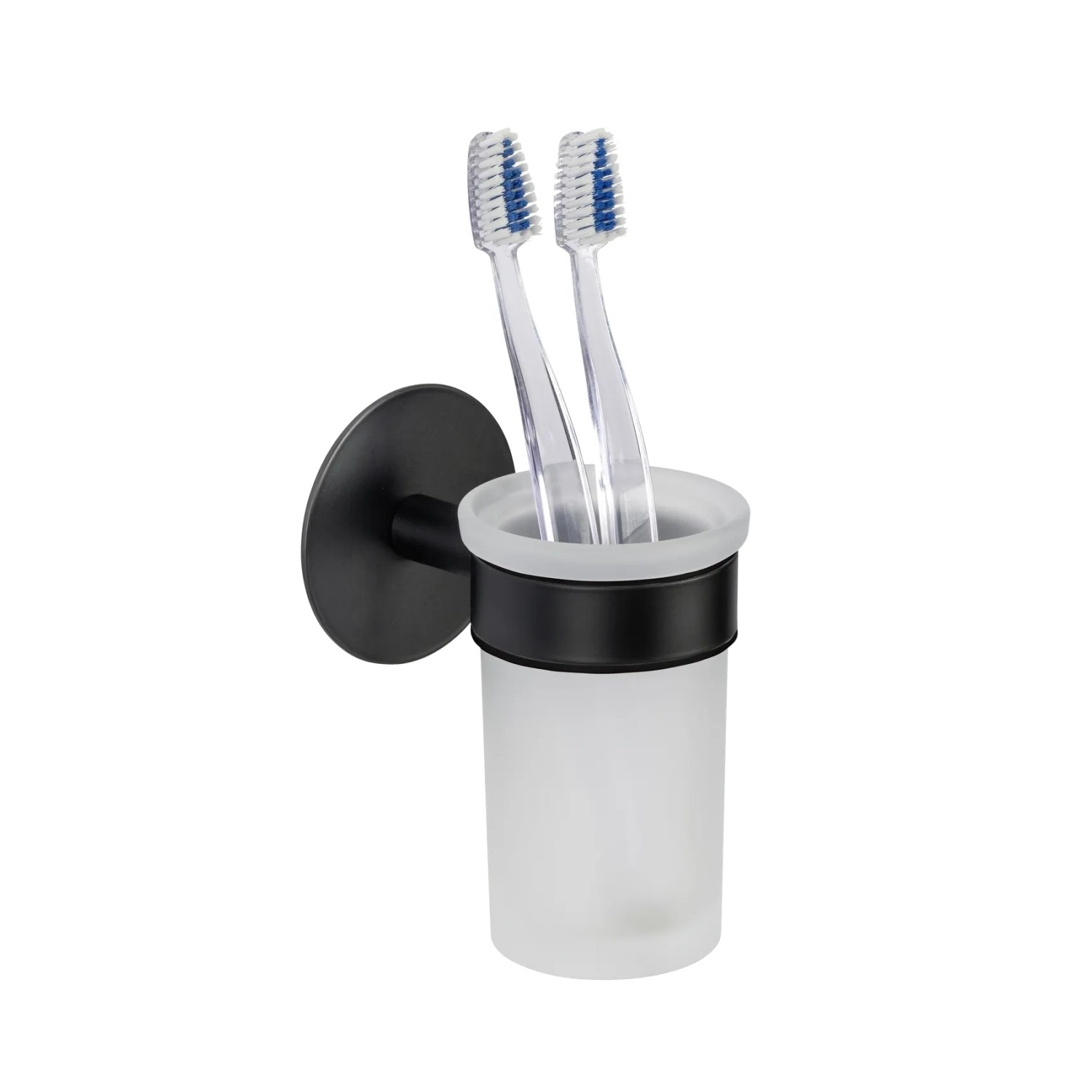 Schwarzer Schöner Wohnen Zahnputzbecherhalter Uno Meleto mit satiniertem Glas und zwei Zahnbürsten.