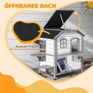 PawHut Katzenhaus mit 2 Etagen, Asphaltdach und Treppen. Das Dach ist geöffnet.