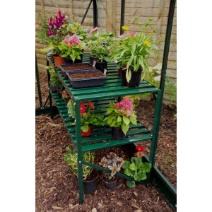 Grüner Alutisch (121x54cm) mit 2 Ablagen im Gewächshaus, bepflanzt mit Blumen.