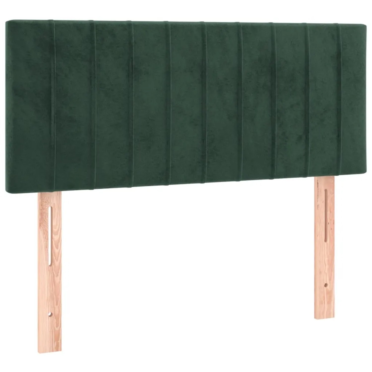Boxspringbett Kopfteil in Dunkelgrün aus Samt mit Holzfüßen.