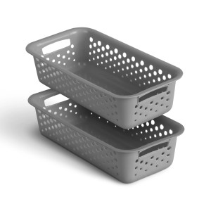 Zwei anthrazitfarbene ProHome Aufbewahrungskörbe (0,7L, 20x10cm) aus Kunststoff, stapelbar.