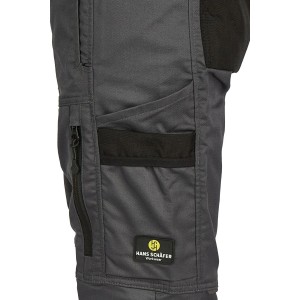 Graue Hans Schäfer Workwear Damen-Bundhose, Detail mit Reißverschluss- und Cargotasche, Markenlogo.