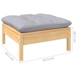 Fußhocker aus Kiefernholz mit grauem Kissen, Teil des vidaXL Garten-Lounge-Sets.