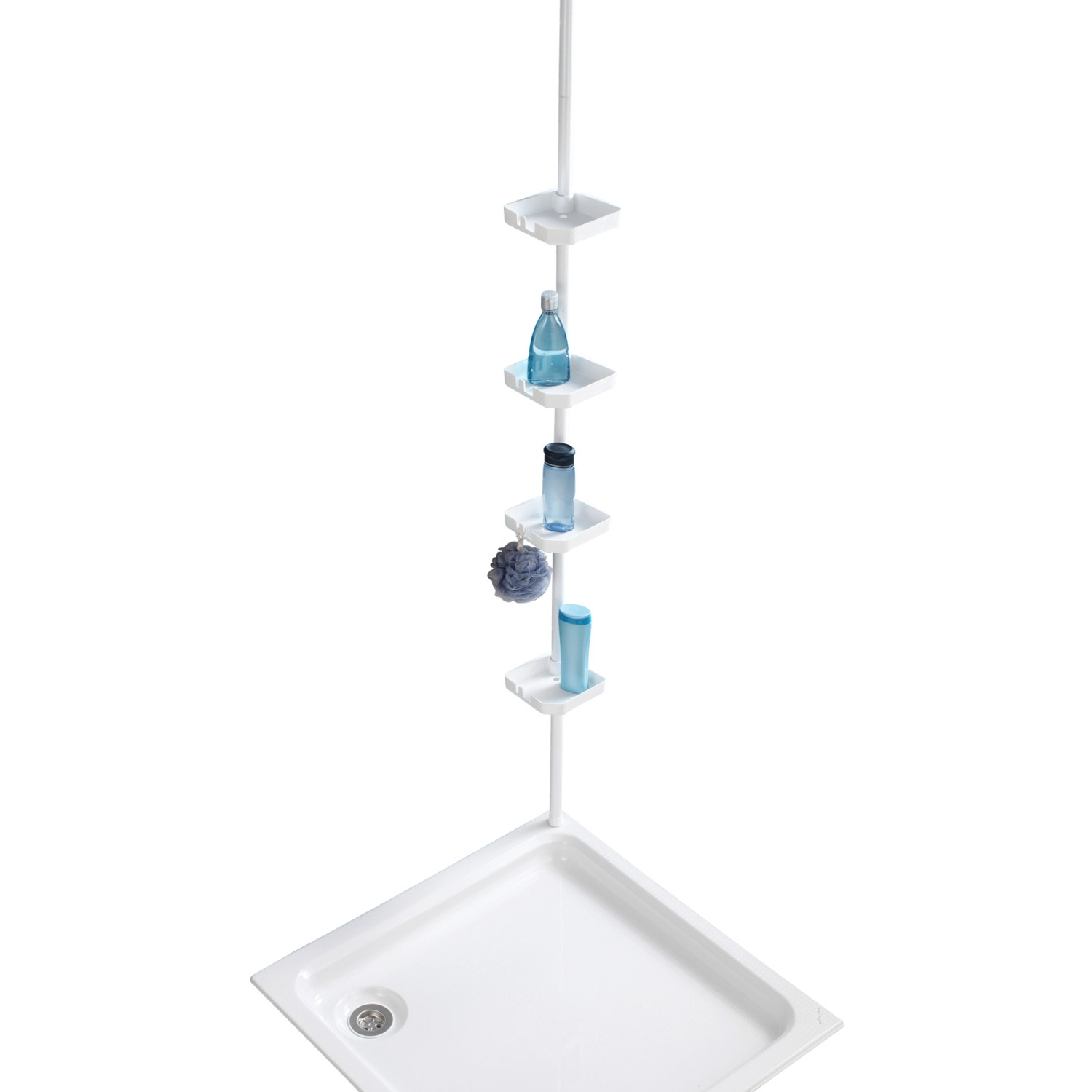 Wenko Teleskop-Regal Funky, weißes Stahl-Regal mit vier Ablagekörben für Badutensilien in Dusche oder Bad.