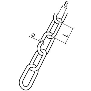 Technische Zeichnung einer chromfarbenen Schweißkette, Form C, aus Stahl, mit Maßangaben.