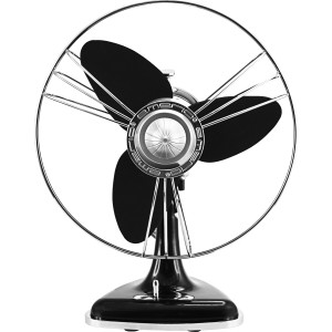 Schwarzer Tischventilator im Retro-Design (Elvis) mit Chrom-Details und drei Rotorblättern.