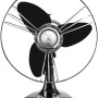 Schwarzer Tischventilator im Retro-Design (Elvis) mit Chrom-Details und drei Rotorblättern.