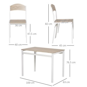 HOMCOM Essgruppe: rechteckiger Tisch und 4 Stühle aus hellem MDF und weißem Metall. Kompaktes 5-teiliges Set.