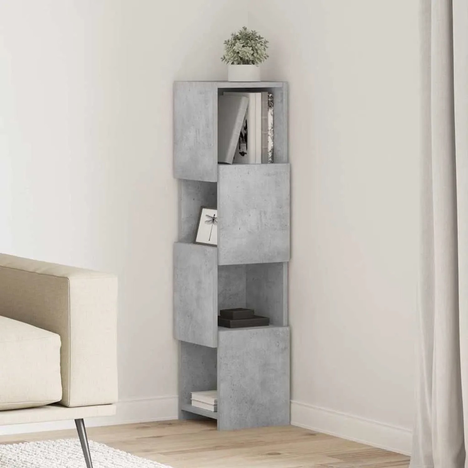 vidaXL Eckschrank Beton Grau aus Holzwerkstoff. Modernes Wohnzimmermöbel mit 4 Regalfächern für Stauraum.