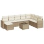 Beige 9-tlg. Garten-Sofagarnitur aus Polyrattan mit Kissen. Gartenmöbel-Set mit Tisch und Hockern.