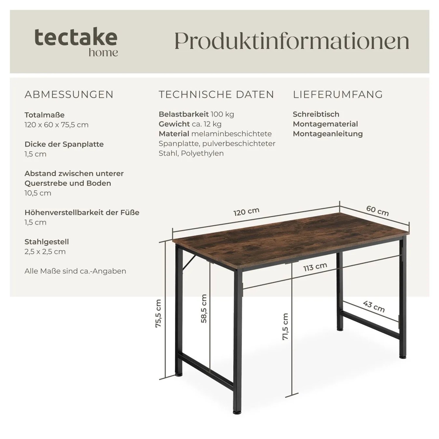 Tectake Schreibtisch Jenkins im Industrial Style mit Holzplatte und Stahlgestell, Maße eingezeichnet.