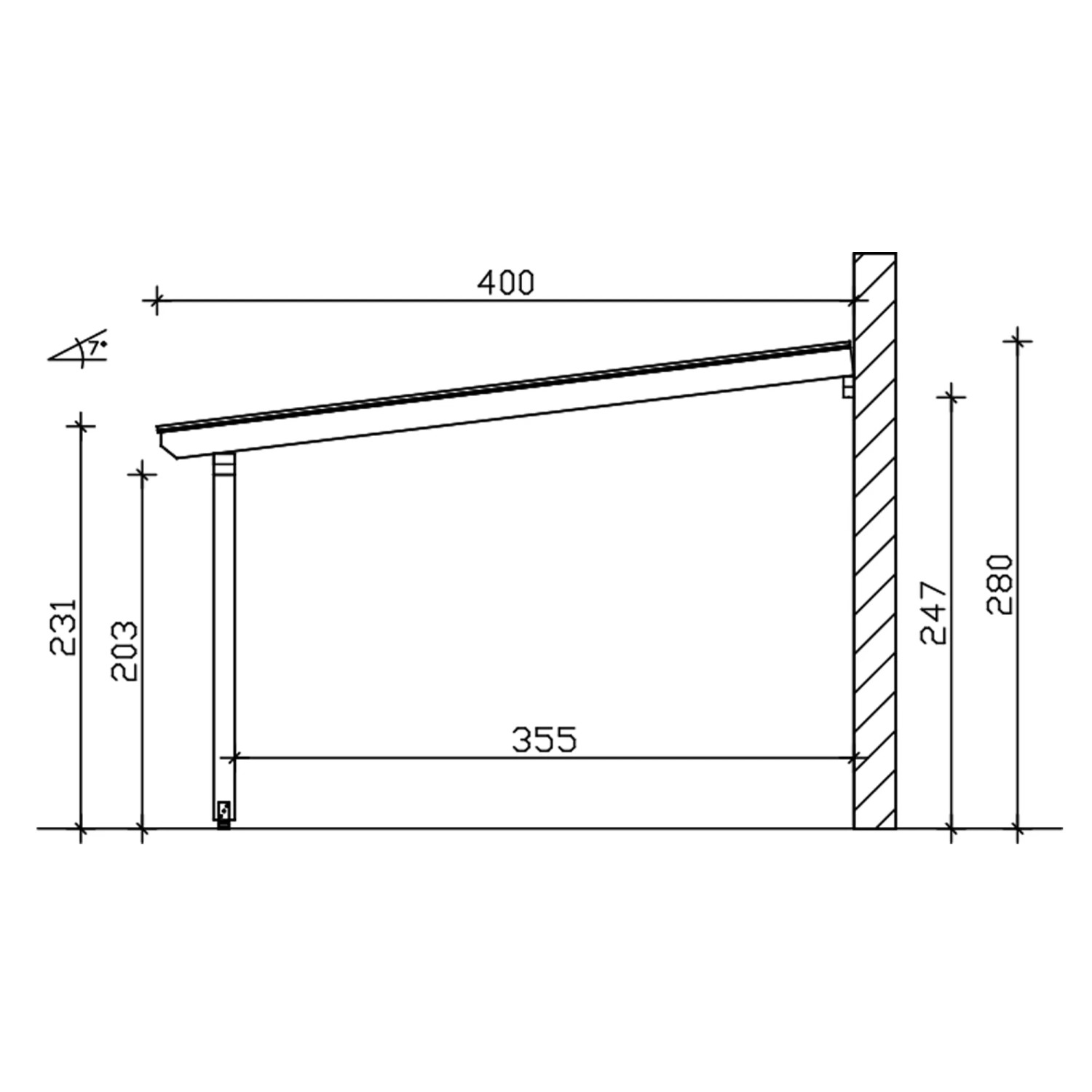 Technische Zeichnung der Skan Holz Terrassenüberdachung Bormio 434x400 cm aus Leimholz.