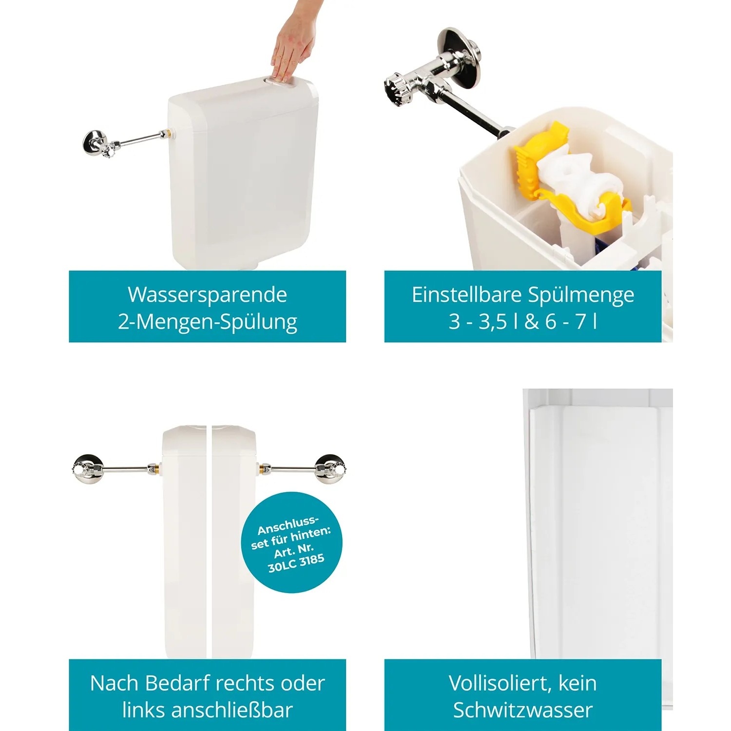 Calmwaters Stand-WC Set: Spülkasten Details mit 2-Mengen-Spülung und einstellbarer Spülmenge.