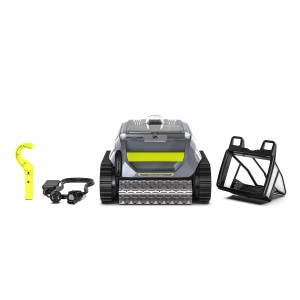 Zodiac OF4220 IQ Poolroboter mit Filter, Ladegerät und Zubehör in Grau.