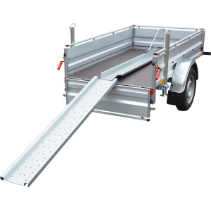 Stema Motorradtransportset für Autoanhänger, bestehend aus Standschiene, Auffahrschiene und Stützen.