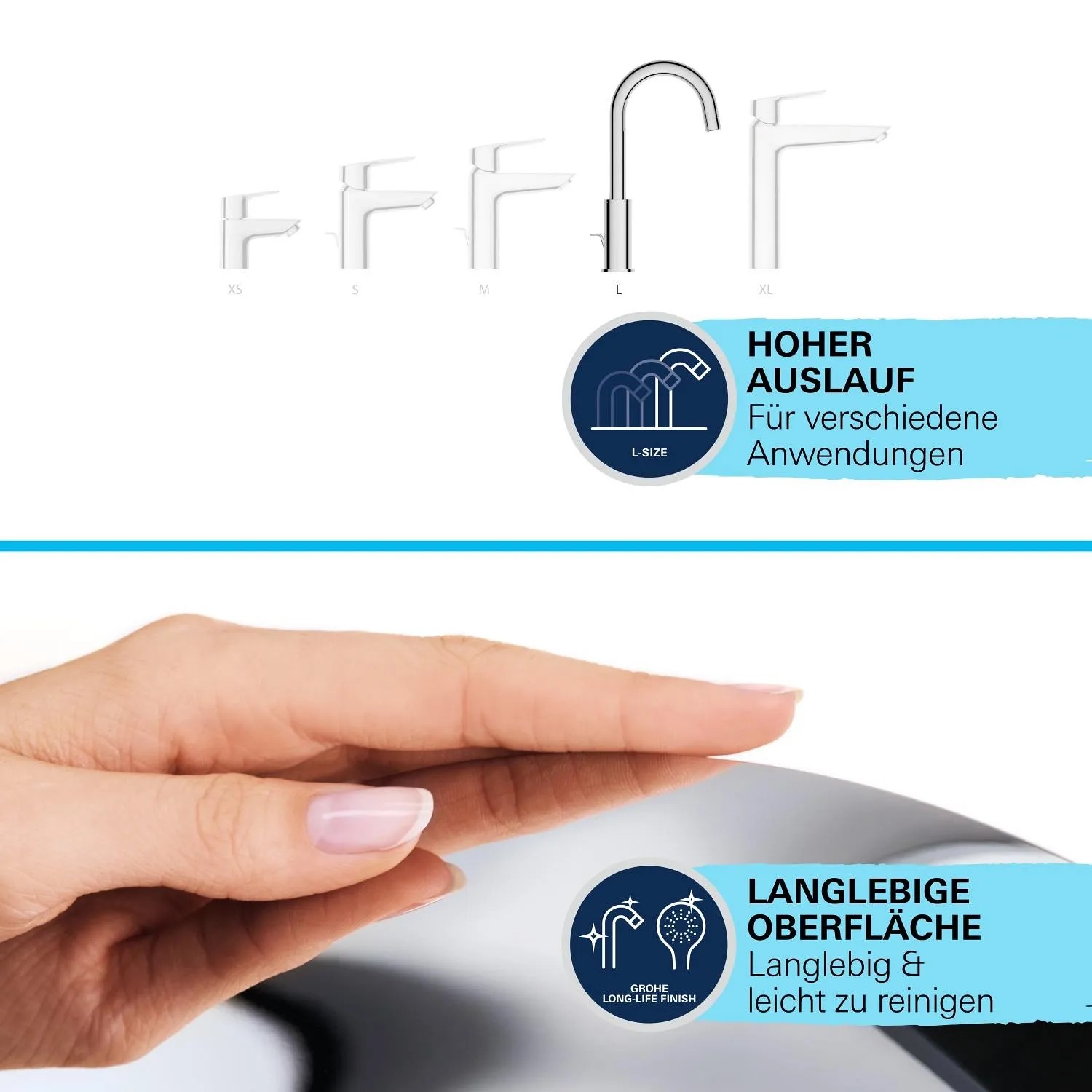 Grohe QuickFix Waschtischarmatur Start L-Size: Verschiedene Größen im Vergleich, hoher Auslauf, langlebige Oberfläche.
