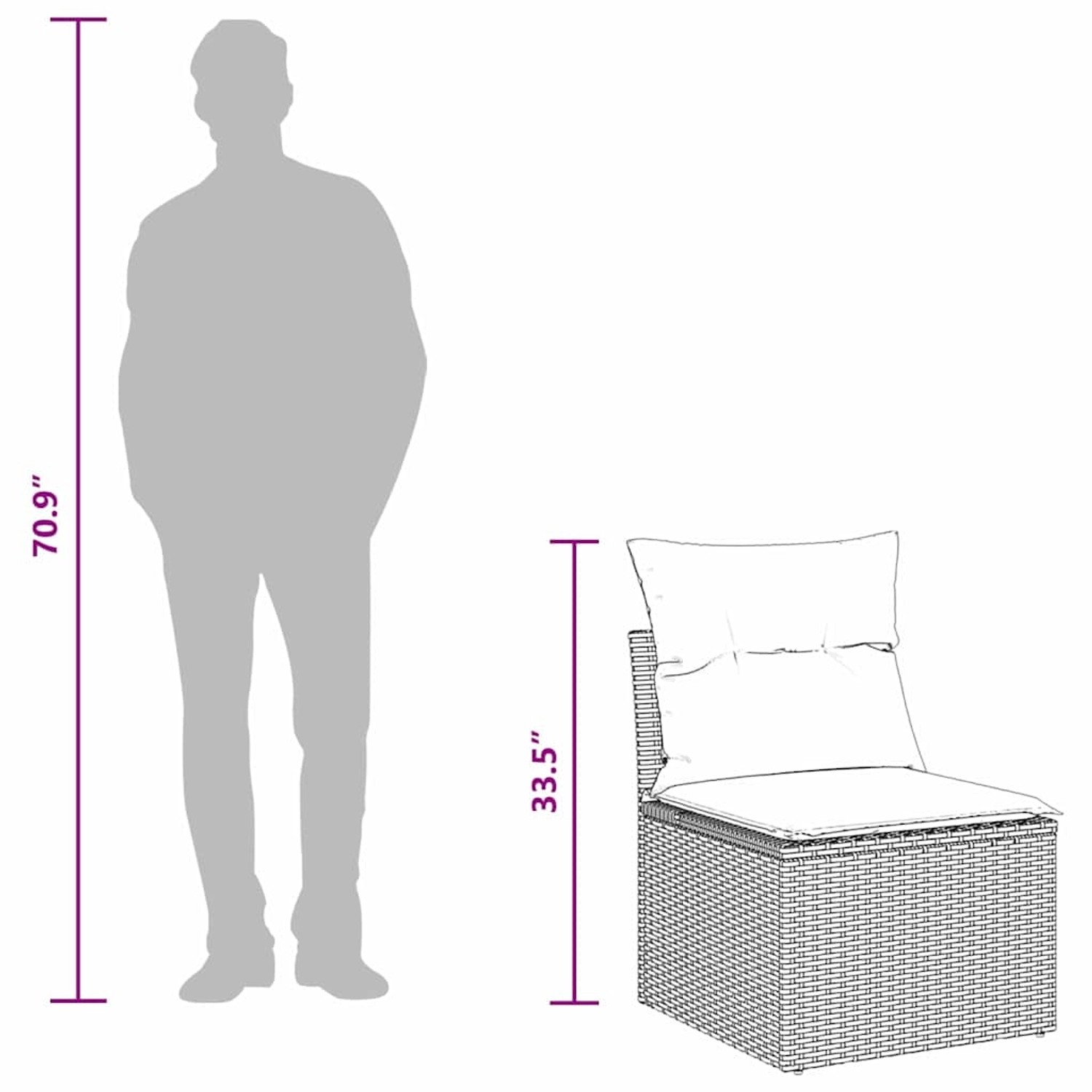 Abbildung eines schwarzen vidaXL Garten-Sofa-Sets aus Polyrattan mit Kissen und Größenangaben.
