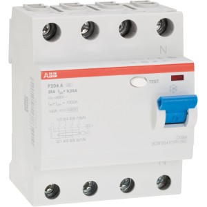 ABB FI-Schalter, 4-polig, 25A, für Fehlerschutz in Elektroinstallationen.