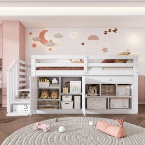 Merax Kinderbett 90 x 200 cm mit Treppe Stauraum Schreibtisch Weiß