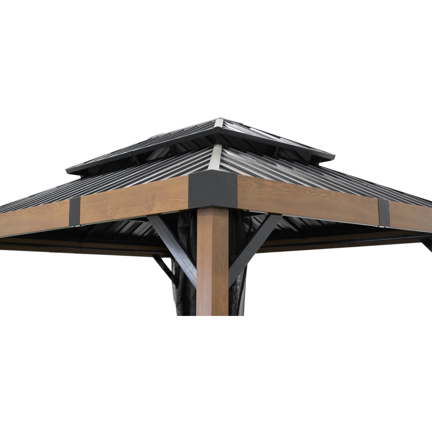 Detailansicht des Sojag Pavillon Fontana mit Holzoptik und Stahldach.