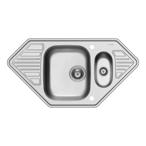 Pyramis Eckspüle Medusa aus Edelstahl mit Abtropffläche, Haupt- und Restebecken.