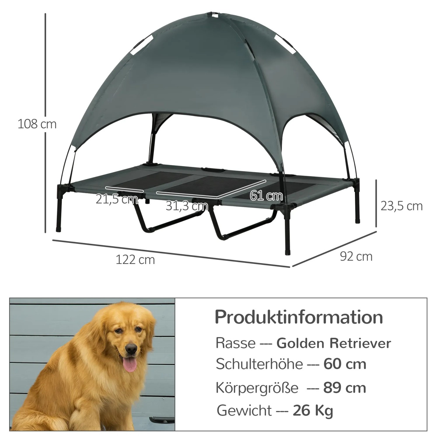 PawHut Hundebett mit Baldachin, erhöht, atmungsaktiv, graues Haustierbett für Hunde.