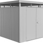 Biohort Metall-Gerätehaus HighLine, silber-metallic, mit Doppeltür. Modernes Design für Gartengeräte.