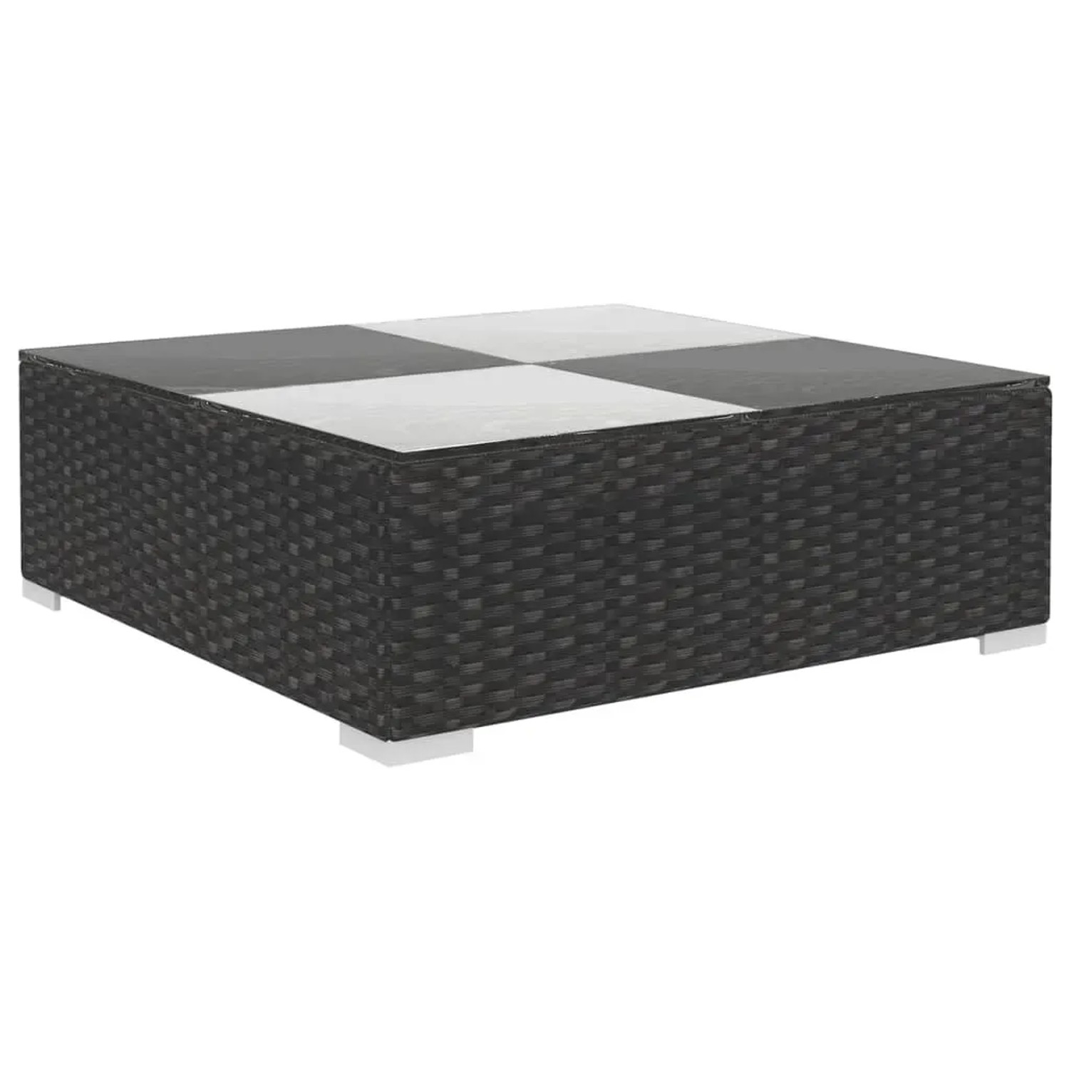 Quadratischer Couchtisch aus schwarzem Rattan mit Schachbrettmuster-Glasplatte für Garten-Lounge-Set.