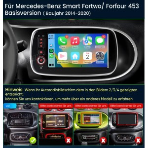 Junsun 8 Zoll Autoradio für BENZ SMART 453, im Armaturenbrett installiert, zeigt App-Icons auf dem Touchscreen.