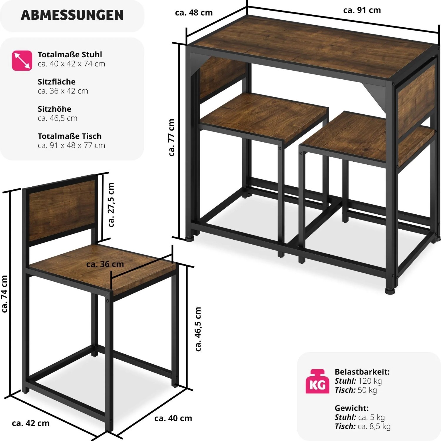 Tectake Sitzgruppe Milton, 3-teilig, Industrial-Design mit Esstisch und 2 Stühlen aus Holz und Stahl.