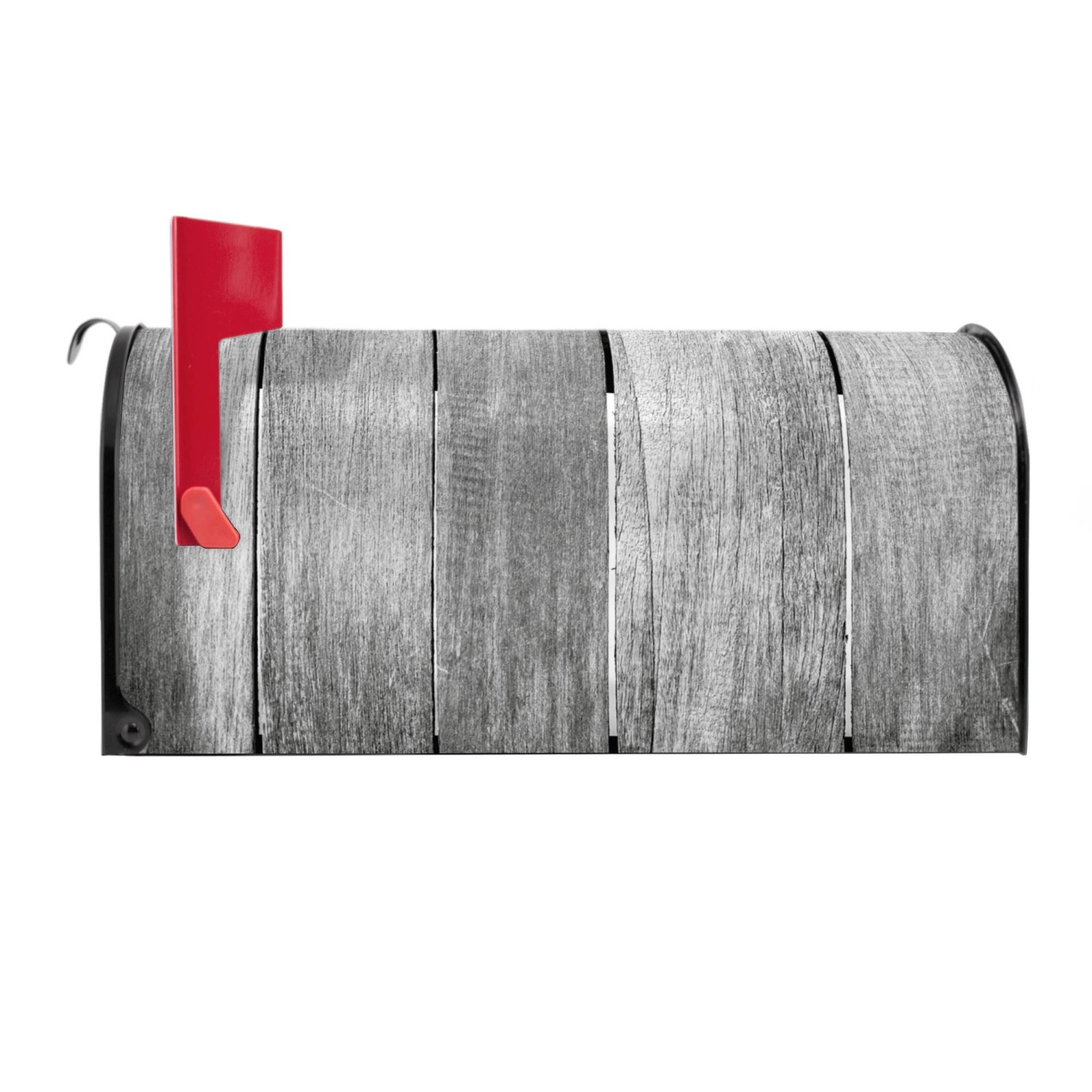 Schwarzer US Briefkasten mit Holz-Monochrom Motiv und roter Fahne, 48x22x16cm.