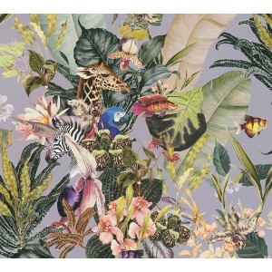 Vliestapete mit Blumen, Tieren (Giraffe, Zebra, Papagei, Fische) in Grün und Grau.