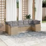Beige 7-tlg. Garten-Sofagarnitur aus Rattan mit grauen Kissen für Terrasse und Garten.