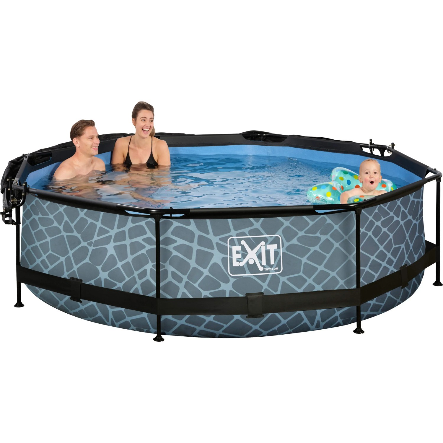 Grauer EXIT Stone Pool ø 300 cm mit Filterpumpe, Sonnensegel und Familie im Wasser.