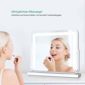 Emke Kosmetikspiegel mit LED-Beleuchtung, 3 Farbtemperaturen, dimmbar, 41cm. Frau trägt Lippenstift vor dem Spiegel.