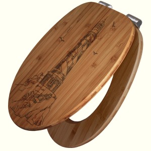 Banjado WC-Sitz aus Bambus mit Leuchtturm-Gravur und Absenkautomatik.