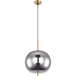 Moderne Globo Pendelleuchte Blacky I mit rauchfarbenem Glasschirm und messingfarbenen Details.