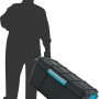 Schwarze Aufbewahrungsbox Scuba L mit Rollen und blauem Akzent, gezogen von einer Person.