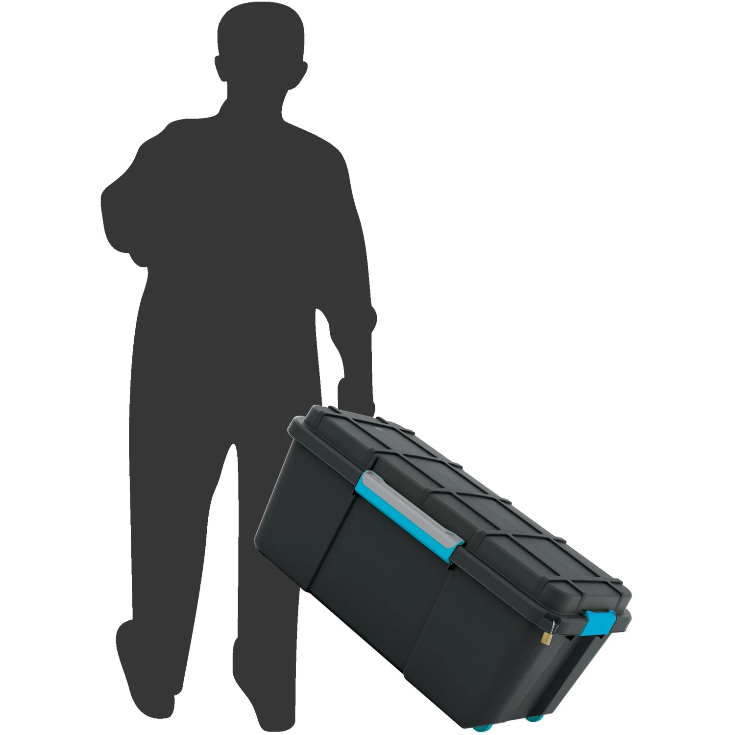 Schwarze Aufbewahrungsbox Scuba L mit Rollen und blauem Akzent, gezogen von einer Person.