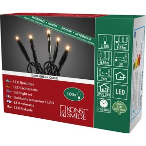 Konstsmide Micro LED Lichterkette mit 100 bernsteinfarbenen LEDs und grünem Kabel für Innen.