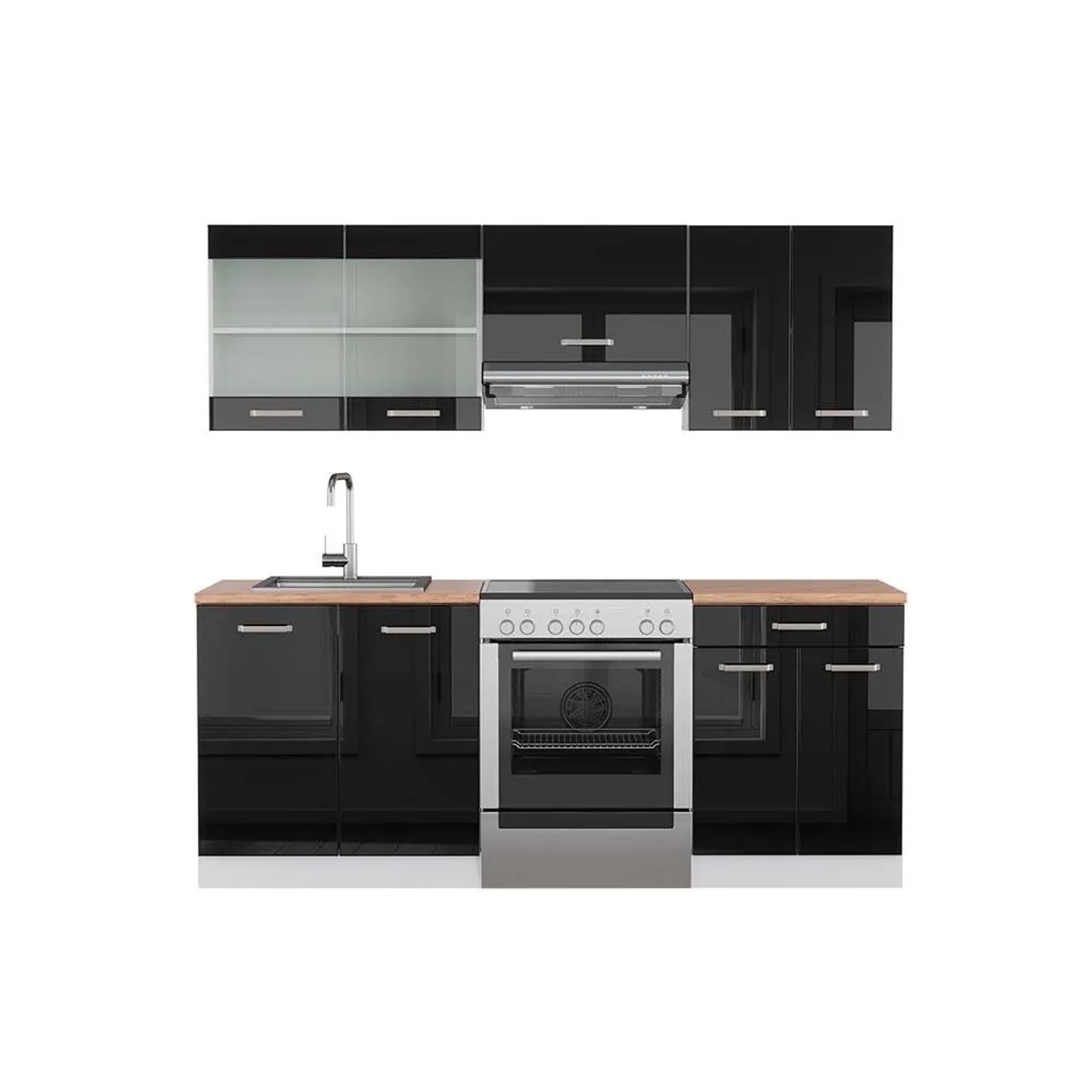 Vicco R-Line Küchenzeile Schwarz Hochglanz Weiß 200 cm AP Eiche ohne E-Geräte