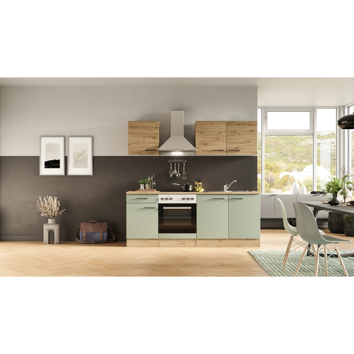 Flex-Well Küche Cara in Schilfgrün/Artisan Eiche, 210 cm breit, mit E-Geräten. Moderne Einbauküche für Ihr Zuhause.