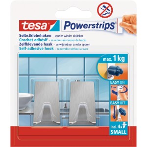 Tesa Klebehaken, 2 rechteckige Edelstahlhaken mit Powerstrips für bis zu 1 kg.