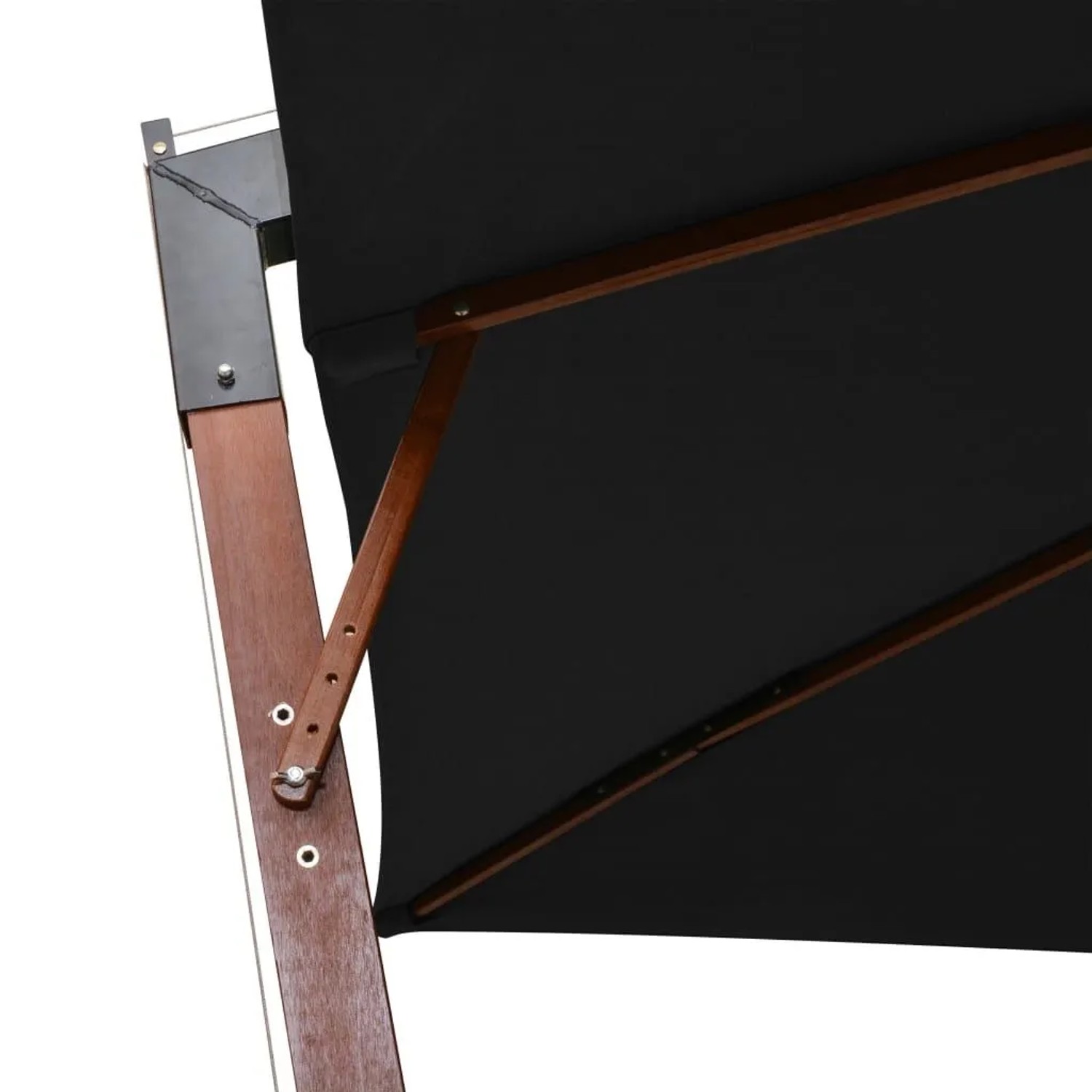 Detailaufnahme: Schwarzer vidaXL Ampelschirm (3x3 m) mit Holz-Mast und Stahlfußkreuz.