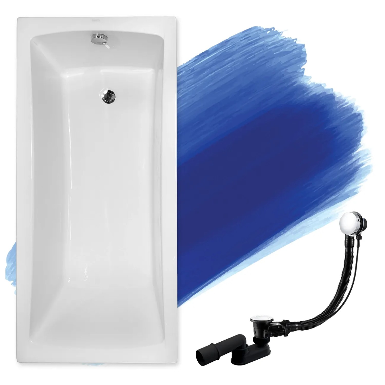 Weiße Rechteck-Badewanne OPTIMA 150x70 aus Acryl mit Ablaufgarnitur und Füßen.