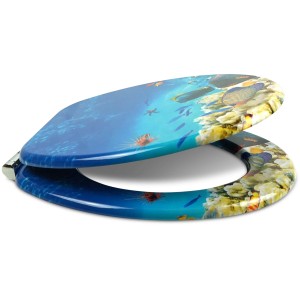 Sanfino WC-Sitz Coral Reef mit Absenkautomatik, Holz Toilettendeckel mit blauem Korallenriff-Motiv.