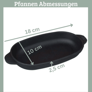 Ovale Servierpfanne aus Gusseisen (18x10cm) mit Holzuntersetzer, ideal zum Grillen und Backen.